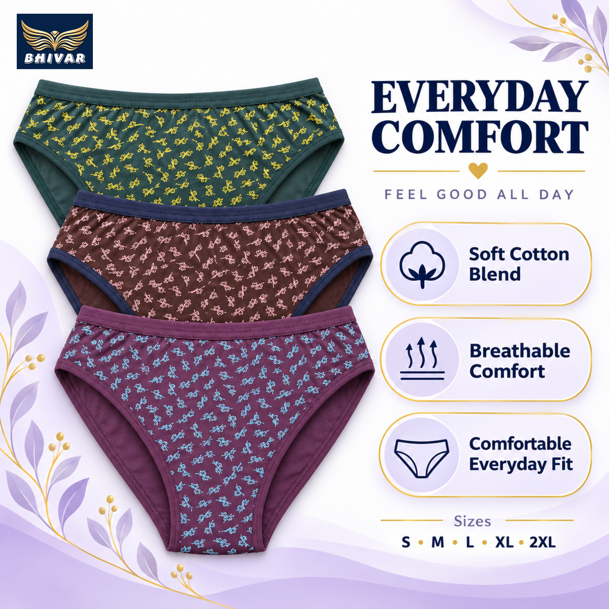 Women's Cotton Blend Panties – Pack of 3 | Purple, Green & Brown