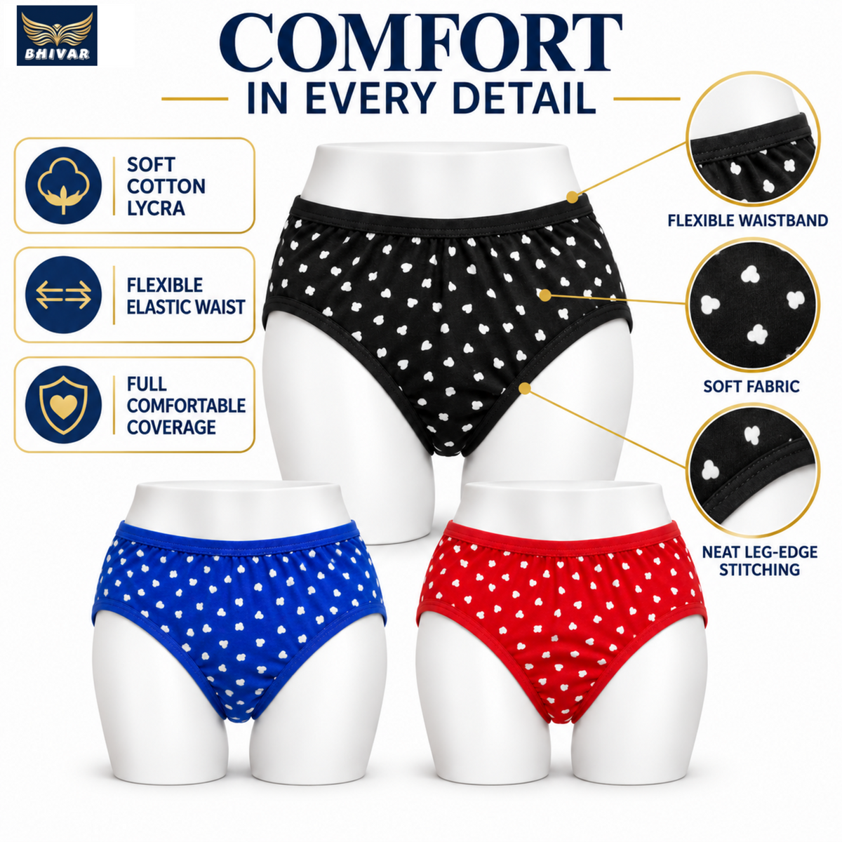 Women's Cotton Lycra Panties – Pack of 3 | Black, Blue & Red