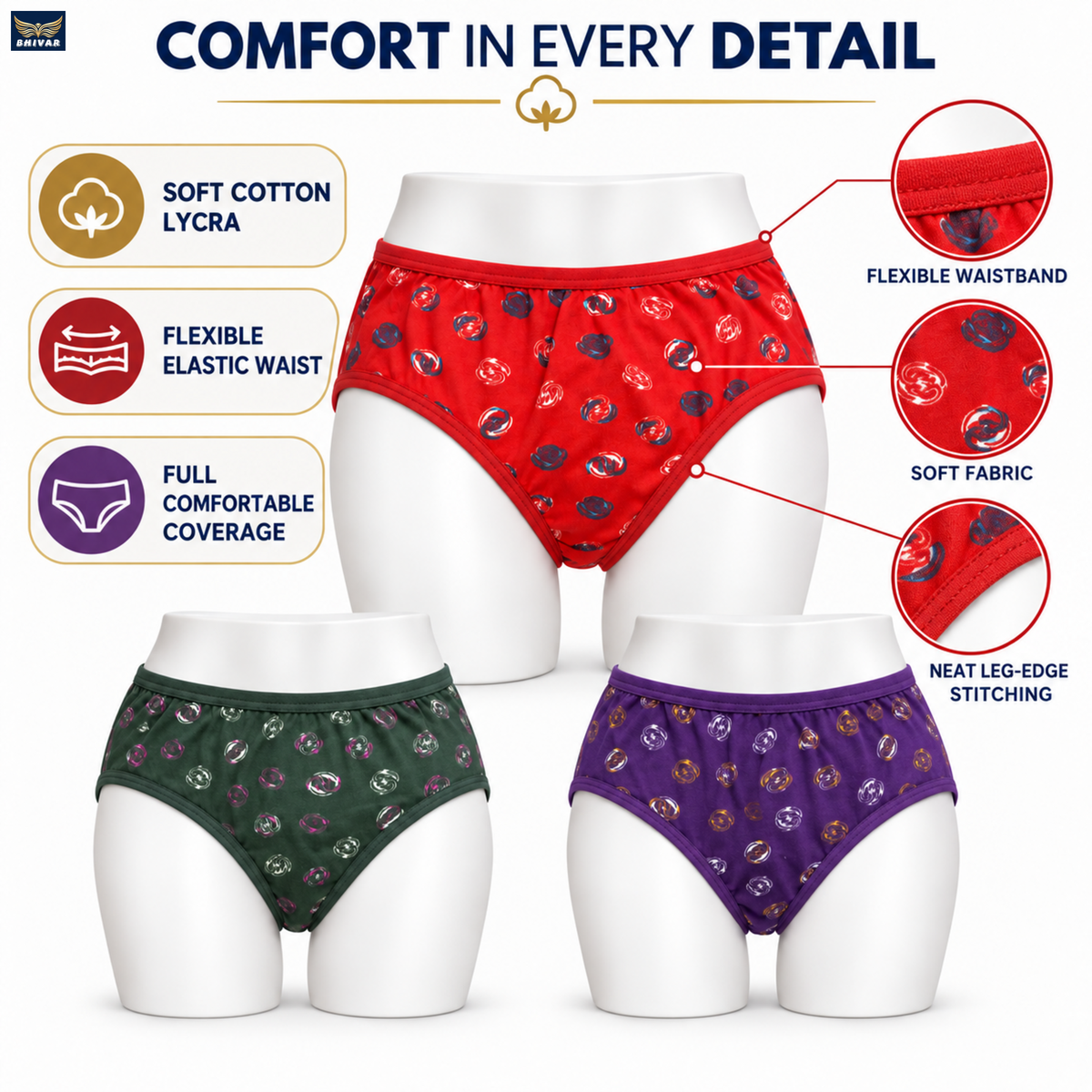 Women's Cotton Lycra Panties – Pack of 3 | Red, Green & Purple