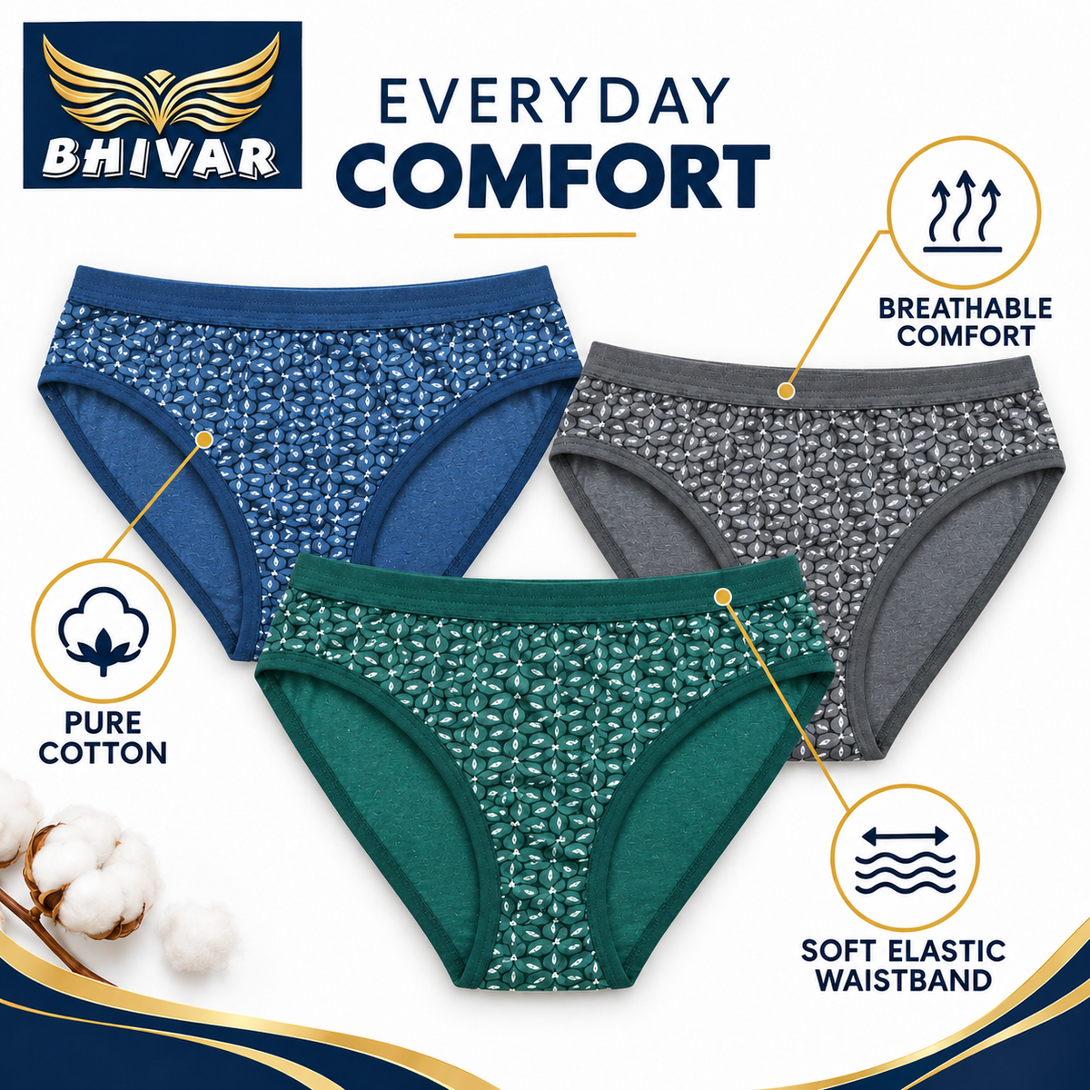 Women's Cotton Blend Panties – Pack of 3 | Green, Grey & Blue