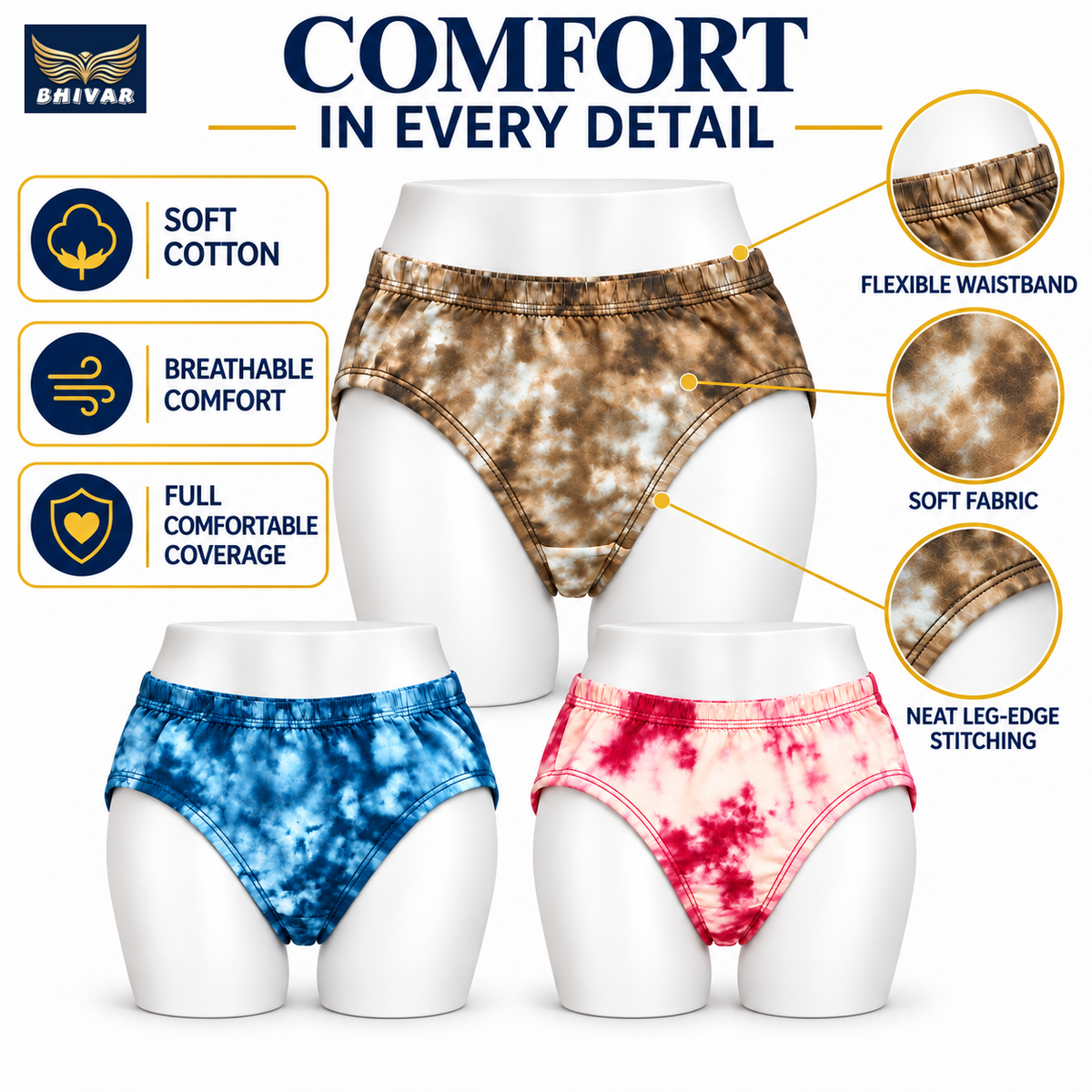 Women's Cotton Panties – Pack of 3 | Blue, Pink & Brown
