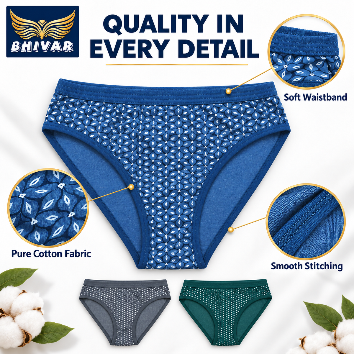 Women's Cotton Blend Panties – Pack of 3 | Green, Grey & Blue