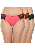 Women's Stretch Lace Panties Pack of 3 – Pink, Orange & Grey