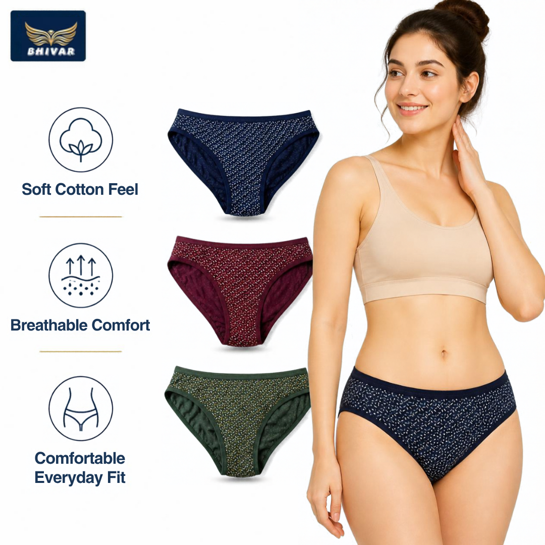 Women's Cotton Panties – Pack of 3 | Blue, Green & Wine