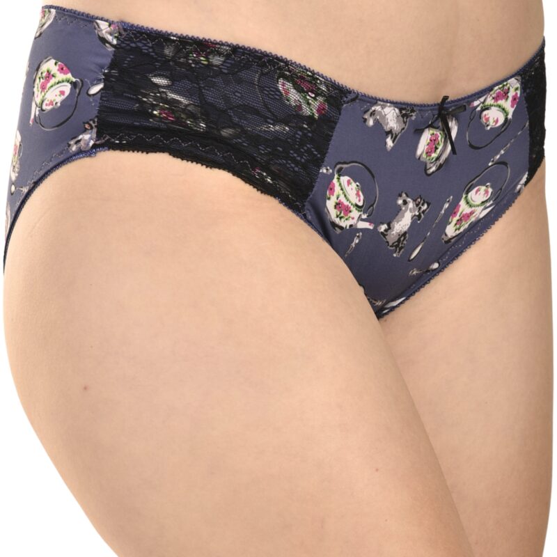 Front view of women's navy blue printed lace hipster panty with floral teacup print and soft lace side panels