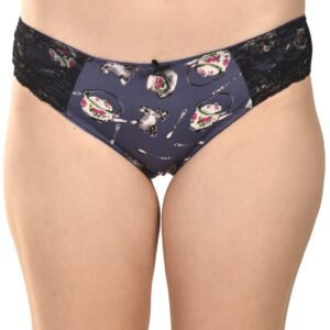 Front view of women's navy blue printed lace hipster panty with floral teacup print and soft lace side panels