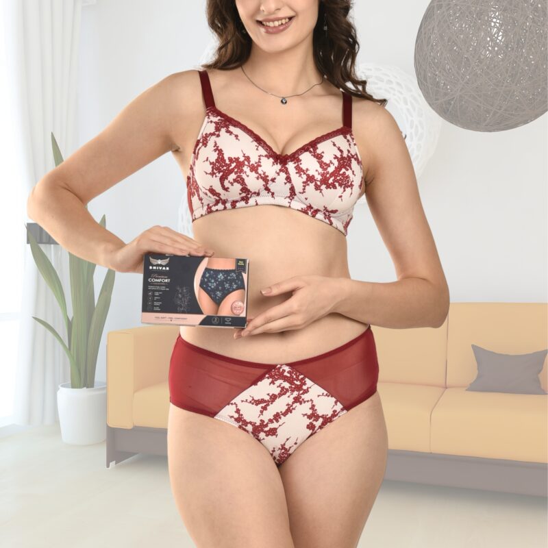 Women's maroon printed cotton bra and matching hipster panty set