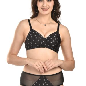 Women's black printed cotton bra and matching hipster panty set