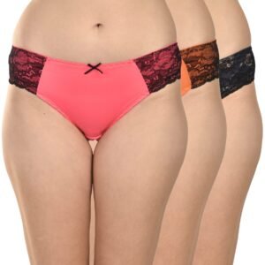 Women's Lacy Stretchable Cotton Hipster Panty Pack of 3 (Pink, Orange & Grey)